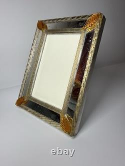 Vintage Murano Art Glass Picture Frame Amber Leaf Accents 6x8 Italian