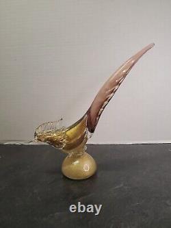 Vintage Murano Art Glass Roadrunner or Pheasant Bird Sculpture Pink & Gold 14