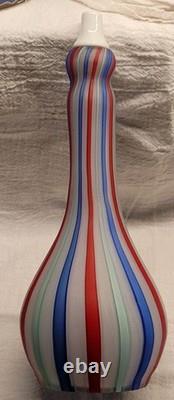 Vintage Murano Art Glass Satin Latticino Striped Barber Bottle Red Blue White