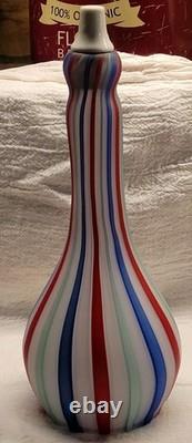 Vintage Murano Art Glass Satin Latticino Striped Barber Bottle Red Blue White
