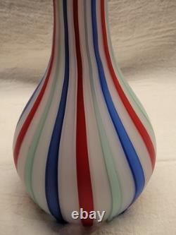Vintage Murano Art Glass Satin Latticino Striped Barber Bottle Red Blue White