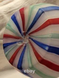Vintage Murano Art Glass Satin Latticino Striped Barber Bottle Red Blue White