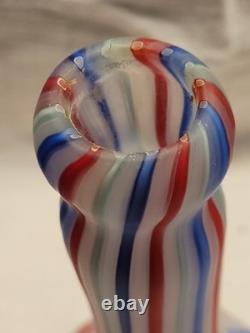 Vintage Murano Art Glass Satin Latticino Striped Barber Bottle Red Blue White
