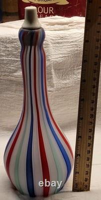 Vintage Murano Art Glass Satin Latticino Striped Barber Bottle Red Blue White