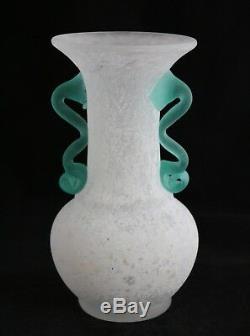 Vintage Murano Art Glass Scavo VASE White with aqua handles