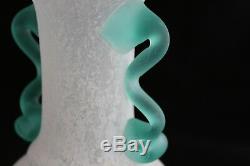 Vintage Murano Art Glass Scavo VASE White with aqua handles
