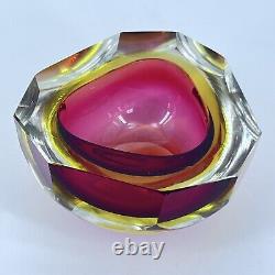 Vintage Murano Art Glass Sommerso Bowl Faceted Geode Madruzzato Style Red Amber