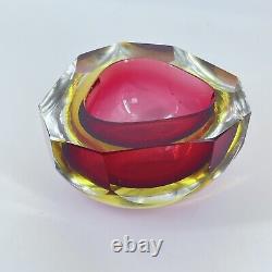 Vintage Murano Art Glass Sommerso Bowl Faceted Geode Madruzzato Style Red Amber