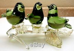 Vintage Murano Art Glass Three Green BABY BIRDS On Branch GOLD Aventurine EUC