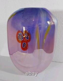 Vintage Murano Art Glass Vase Blue Pink Yellow Red Millefiori 10 Tall X 7 X 5