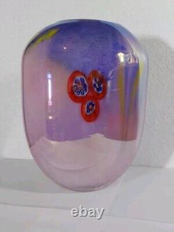 Vintage Murano Art Glass Vase Blue Pink Yellow Red Millefiori 10 Tall X 7 X 5