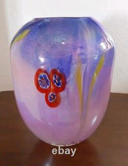 Vintage Murano Art Glass Vase Blue Pink Yellow Red Millefiori 10 Tall X 7 X 5