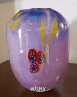 Vintage Murano Art Glass Vase Blue Pink Yellow Red Millefiori 10 Tall X 7 X 5