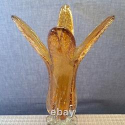 Vintage Murano Art Glass Vase Footed Toed Yellow Four Fingers Handblown