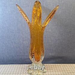 Vintage Murano Art Glass Vase Footed Toed Yellow Four Fingers Handblown