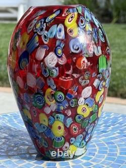 Vintage Murano Art Glass Vase Red Millefiore, Signed Seguso And Murano