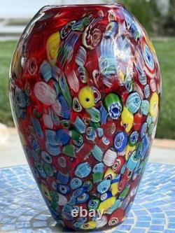 Vintage Murano Art Glass Vase Red Millefiore, Signed Seguso And Murano