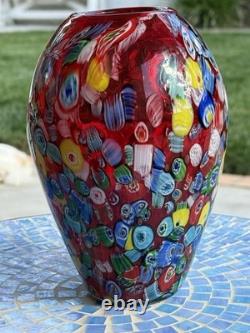Vintage Murano Art Glass Vase Red Millefiore, Signed Seguso And Murano