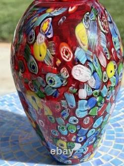Vintage Murano Art Glass Vase Red Millefiore, Signed Seguso And Murano