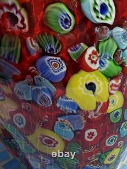 Vintage Murano Art Glass Vase Red Millefiore, Signed Seguso And Murano
