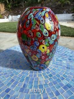 Vintage Murano Art Glass Vase Red Millefiore, Signed Seguso And Murano