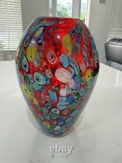 Vintage Murano Art Glass Vase Red Millefiore, Signed Seguso And Murano