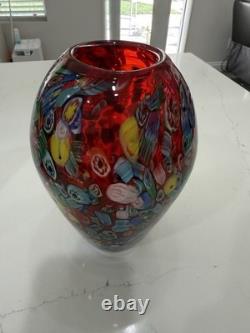 Vintage Murano Art Glass Vase Red Millefiore, Signed Seguso And Murano
