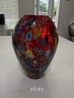 Vintage Murano Art Glass Vase Red Millefiore, Signed Seguso And Murano