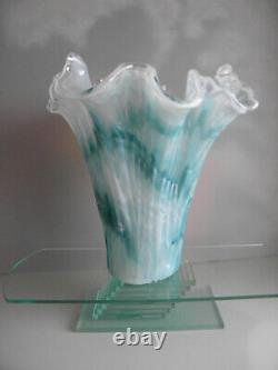 Vintage Murano Art Glass Vase Ruffled Top White/Teal Blue 11 Tall Italy