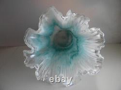 Vintage Murano Art Glass Vase Ruffled Top White/Teal Blue 11 Tall Italy