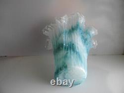 Vintage Murano Art Glass Vase Ruffled Top White/Teal Blue 11 Tall Italy