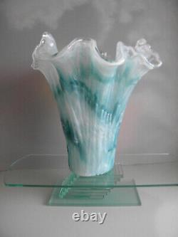 Vintage Murano Art Glass Vase Ruffled Top White/Teal Blue 11 Tall Italy