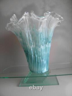 Vintage Murano Art Glass Vase Ruffled Top White/Teal Blue 11 Tall Italy