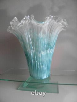 Vintage Murano Art Glass Vase Ruffled Top White/Teal Blue 11 Tall Italy