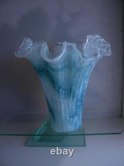 Vintage Murano Art Glass Vase Ruffled Top White/Teal Blue 11 Tall Italy