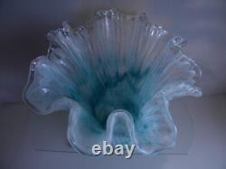 Vintage Murano Art Glass Vase Ruffled Top White/Teal Blue 11 Tall Italy