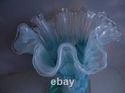 Vintage Murano Art Glass Vase Ruffled Top White/Teal Blue 11 Tall Italy