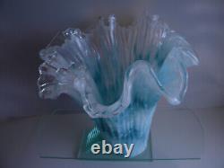 Vintage Murano Art Glass Vase Ruffled Top White/Teal Blue 11 Tall Italy