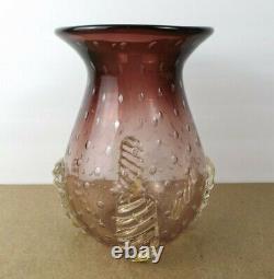 Vintage Murano Art Glass Vase Shaded Purple Bubbles Gold (it#b5)