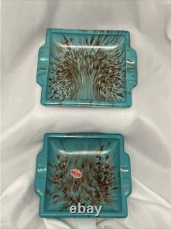 Vintage Murano Ashtrays (2) Matte Turquoise Glass & Aventurine Inclusion/Stains