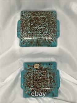 Vintage Murano Ashtrays (2) Matte Turquoise Glass & Aventurine Inclusion/Stains