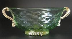 Vintage Murano Aurelio Ferro Art Glass Bowl Green Balloton Swan Handles Signed