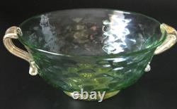 Vintage Murano Aurelio Ferro Art Glass Bowl Green Balloton Swan Handles Signed