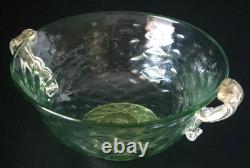 Vintage Murano Aurelio Ferro Art Glass Bowl Green Balloton Swan Handles Signed
