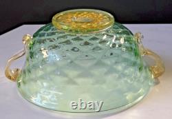 Vintage Murano Aurelio Ferro Art Glass Bowl Green Balloton Swan Handles Signed