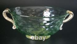 Vintage Murano Aurelio Ferro Art Glass Bowl Green Balloton Swan Handles Signed