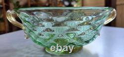 Vintage Murano Aurelio Ferro Art Glass Bowl Green Balloton Swan Handles Signed