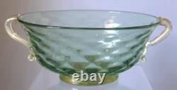 Vintage Murano Aurelio Ferro Art Glass Bowl Green Balloton Swan Handles Signed