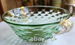 Vintage Murano Aurelio Ferro Art Glass Bowl Green Balloton Swan Handles Signed