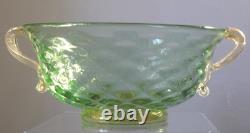 Vintage Murano Aurelio Ferro Art Glass Bowl Green Balloton Swan Handles Signed